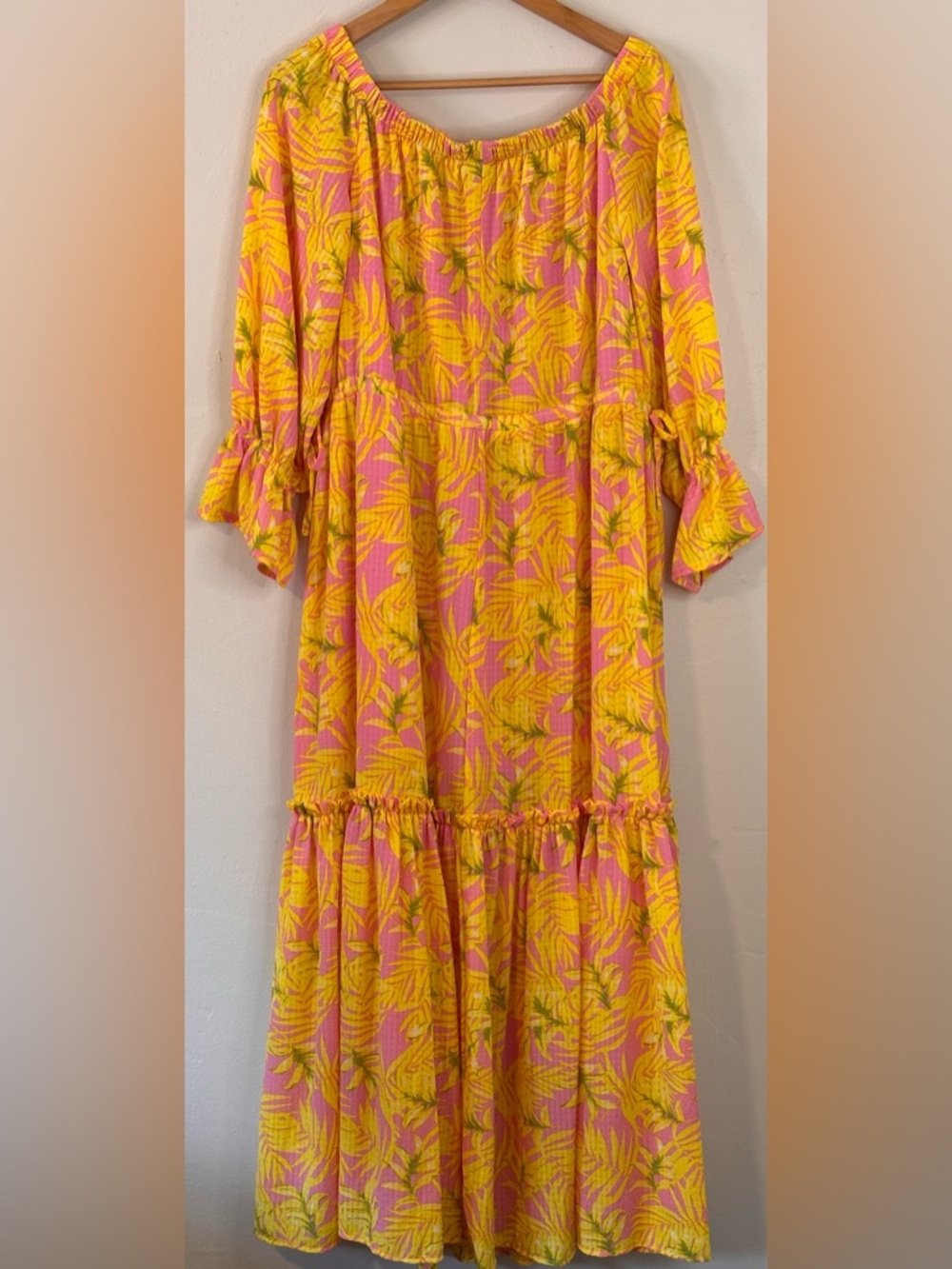 🌸 Scoop Dress Women Size Large Pink Yellow Leaf Off Shoulder Maxi - Picture 4 of 11
